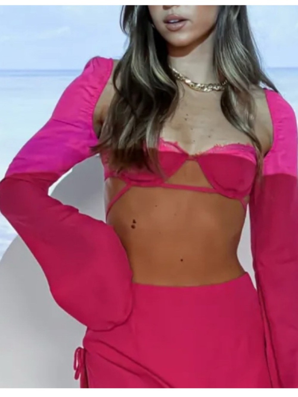 NWT White Fox Boutique Level Up Long Sleeve Crop Top in Lipstick Pink Large